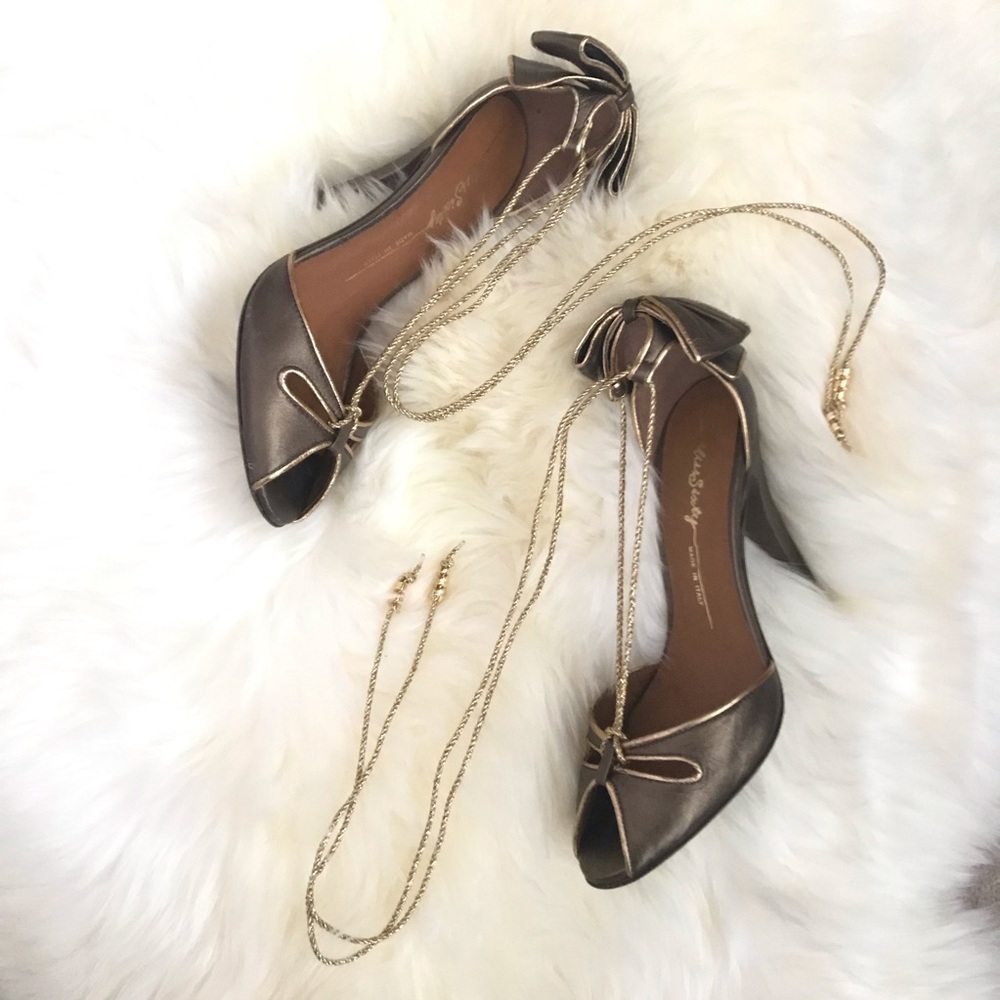 MISS SIXTY Leather Peep Toe Heels w/ Golden Ties